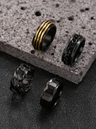 4 件男士不锈钢戒指套装，包括多面钻石形戒指、浮雕单链戒指、三线金黑戒指、镂空链戒指，时尚珠宝配饰，适合男士日常佩戴、节日、约会、礼物