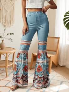 Plus Size Women Denim Effect High Stretch Loose Flare Pants With Pleated Patchwork Hem, Creative Design Casual Comfortable Wide Leg Trousers - Blue - View 2