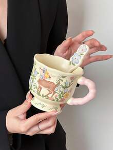 Tazza con motivo floreale e cervo, adatta per uso domestico o in ufficio, può contenere varie bevande calde e fredde come caffè, latte, cioccolata calda, cappuccino, succhi e caffè americano, viene fornita con coperchio e cucchiaino, design comodo per il manico, un regalo ideale per le vacanze per famiglia e amici. - Verde - Visualizzare 5