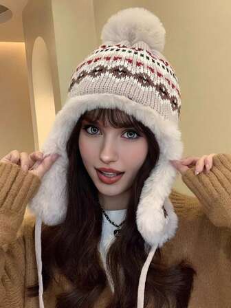 女士提花针织帽，保暖带护耳内衬，冬季适用，适合日常穿着、购物、散步、户外旅行