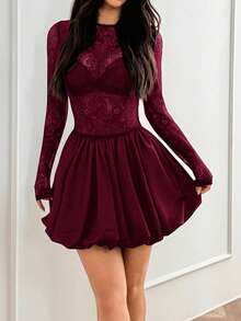 华丽镂空透视性感复古蕾丝边饰俏皮派对蕾丝提花连衣裙 - 酒紅色 - 查看 8