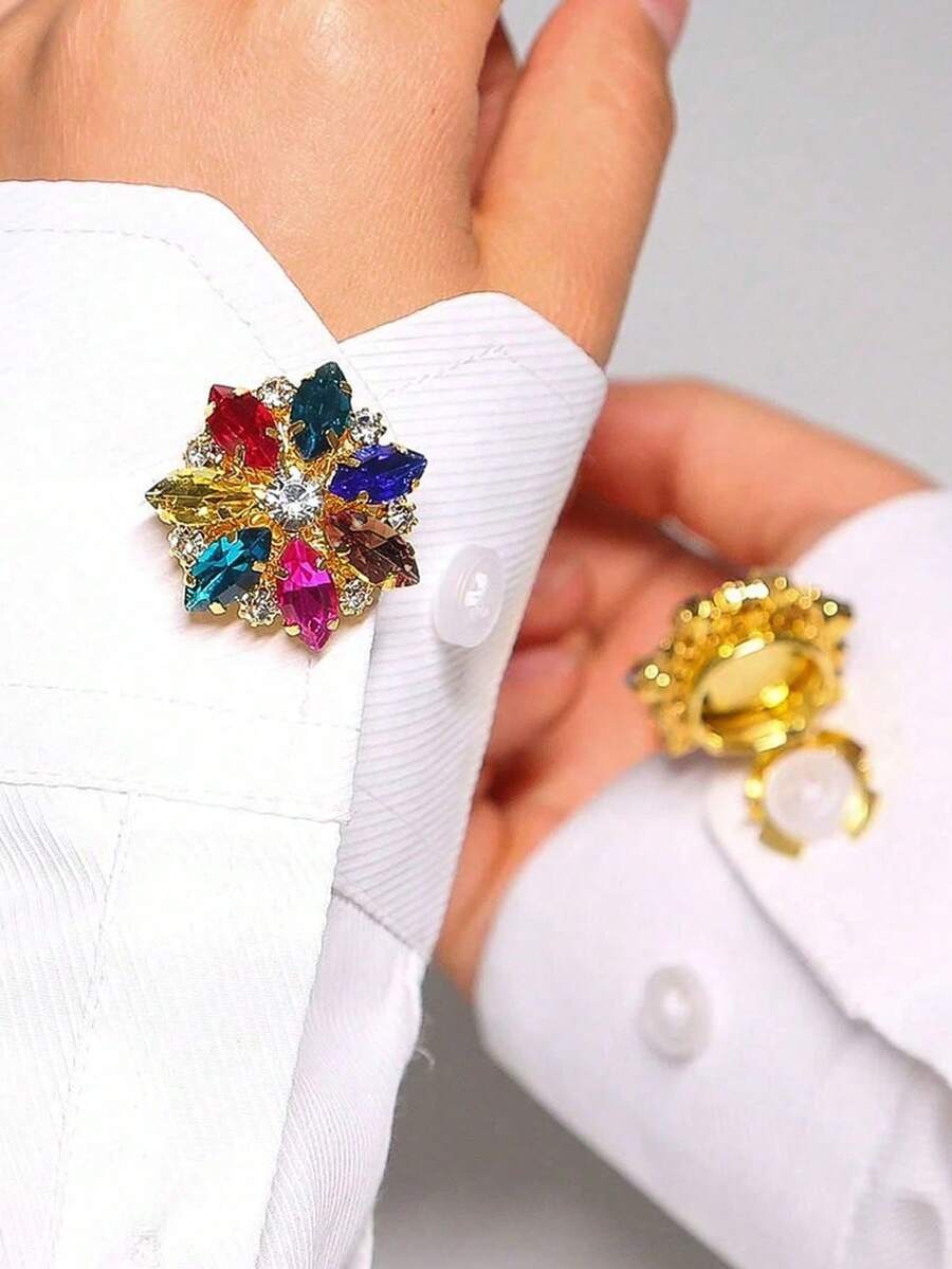 2pcs/Set Button Set Luxury Rhinestone Cufflinks For Shirts, Women's Dresses Decorative Button Clips, No Sewing Button Boxes Tuxedo Cufflinks Fashion Clothing Accessories, Gifts