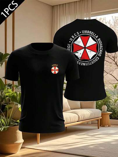 Camiseta Umbrella UBCS Biohazard de algodón orgánico con estampado de doble cara, duradera, de corte regular, informal, esencial para las cuatro estaciones.