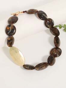 1pc Retro Contrast Color Asymmetrical Resin Beaded Necklace, Exaggerated Clavicle Chain, Fashionable Accessory