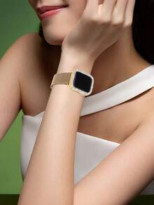 Compatible With Apple Watch Band And Case Combinations. Stylish And Casual, Perfect For Both Men And Women. Featuring A Soft, Breathable, Adjustable, Stainless Steel, Braided Loop With A Magnetic Clasp, Paired With A Drop-Resistant, Scratch-Resistant, Hard Pc Case With Two Rows Of Sparkling Diamonds. Compatible With Apple Watch Series Ultra, 11/10/9/8/7/6/5/4/3/Se, And Compatible With 38/40/41/42/44/45/46/49mm Bands And Cases. - Gold - View 10
