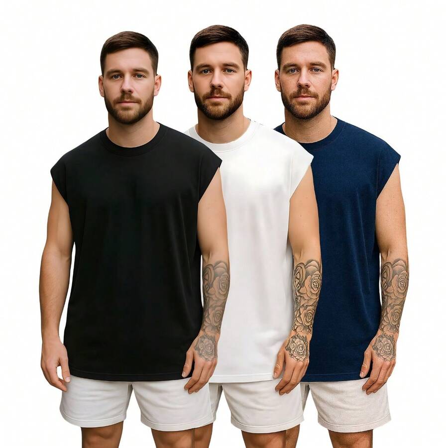 Kit 3 Men's Oversized Tank Tops Macho Workout Gym Streetwear Plain Premium - 黑色/海軍藍/白色 - 查看 1