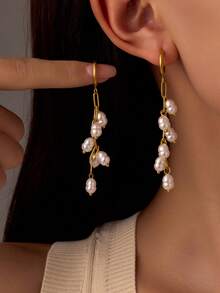 1 对时尚 18K 不锈钢仿珍珠流苏长款耳环，适合女性日常佩戴 - 彩色 - 查看 5