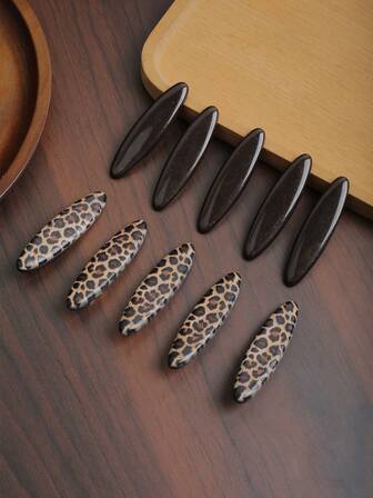 10pcs Elegant Leopard Print Brown Oval One-Piece Hair Clips, Versatile Bangs & Side Clips For Daily Wear And Casual Gatherings, Hair Claws, Hair Slide, Hair Barrettes