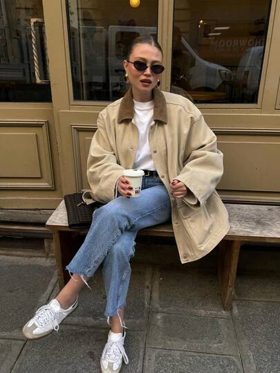 Plus Size Women's Clothing - 2026 Summer New Vintage Casual Fashion Loose Contrast Color Corduroy Collar Lightweight Windbreaker Jacket
