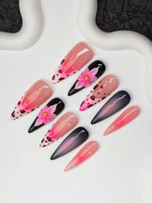 Bộ 10 móng giả thủ công hình hạnh nhân phong cách Y2K cá tính, màu nude, đen, hồng với đầu móng kiểu Pháp, họa tiết hoa, vân kem, phù hợp cho phụ nữ và bé gái, dự tiệc, sử dụng hàng ngày, bao gồm bộ dụng cụ, quà tặng tuyệt vời cho phụ kiện làm móng. - Nhiều màu - Xem 3