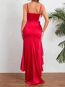 Onicee Women's Autumn Fashion Ruffled Slit Slip Dress - Red - View 5