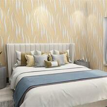 Beige 3D Modern Printed Embossed Striped Non-Woven Wallpaper - Suitable For Living Room, Bedroom, Kitchen And Bathroom Wall Paper Wall Stickers Wall Decor Room Decor Bedroom Decor - Yellow - View 2
