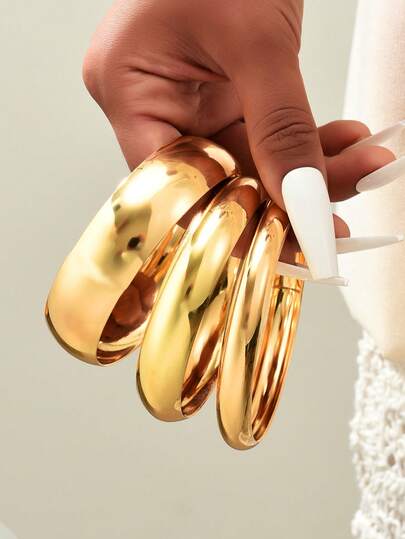 Set de 3 piezas de brazaletes anchos de metal dorado con diseño geométrico minimalista y exagerado de estilo vintage, adecuado para uso diario de mujeres y como regalo