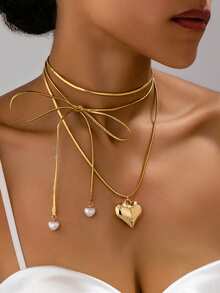 1pc Elegant Metallic Gold Rope Bowknot Shaped Pendant Necklace With Heart & Faux Pearl Charms, Suitable For Women's Daily, Party, Holiday, Date Outfit, Gift - Yellow Gold - View 1