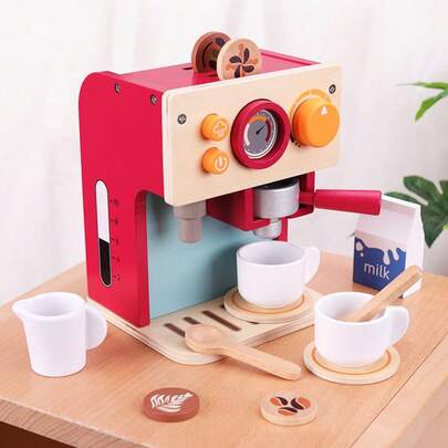 Bộ đồ chơi pha cà phê giả vờ bằng gỗ, bộ đồ chơi nhà bếp cho trẻ em mẫu giáo đóng vai chơi.