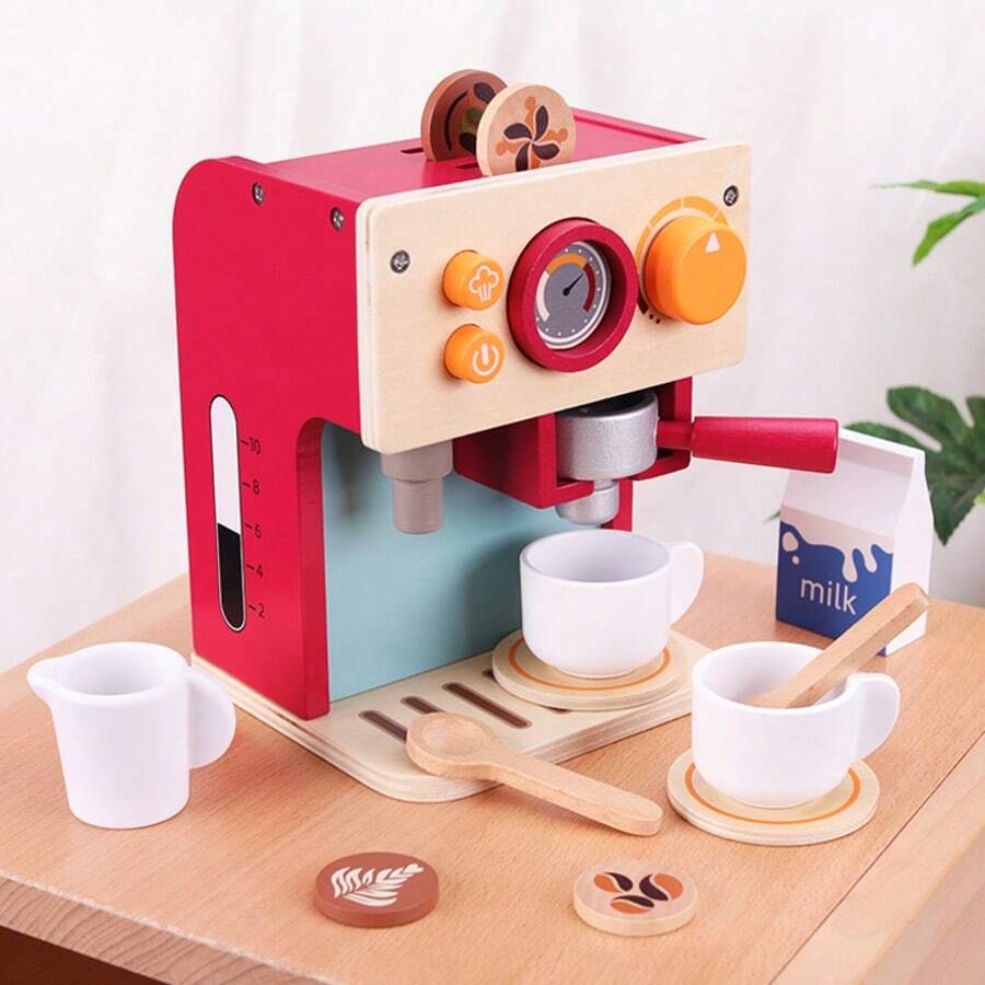 Bộ đồ chơi pha cà phê giả vờ bằng gỗ, bộ đồ chơi nhà bếp cho trẻ em mẫu giáo đóng vai chơi. - Đỏ - Xem 1