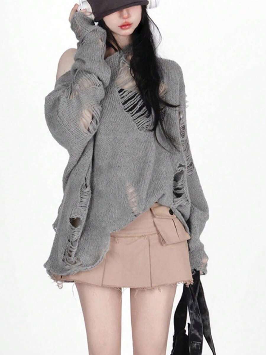 Niche Asymmetric Shoulder Casual Loose Knit Sweater Set For Women, Autumn Hollow-Out Long Sleeve Pullover Tops - Grey - View 1