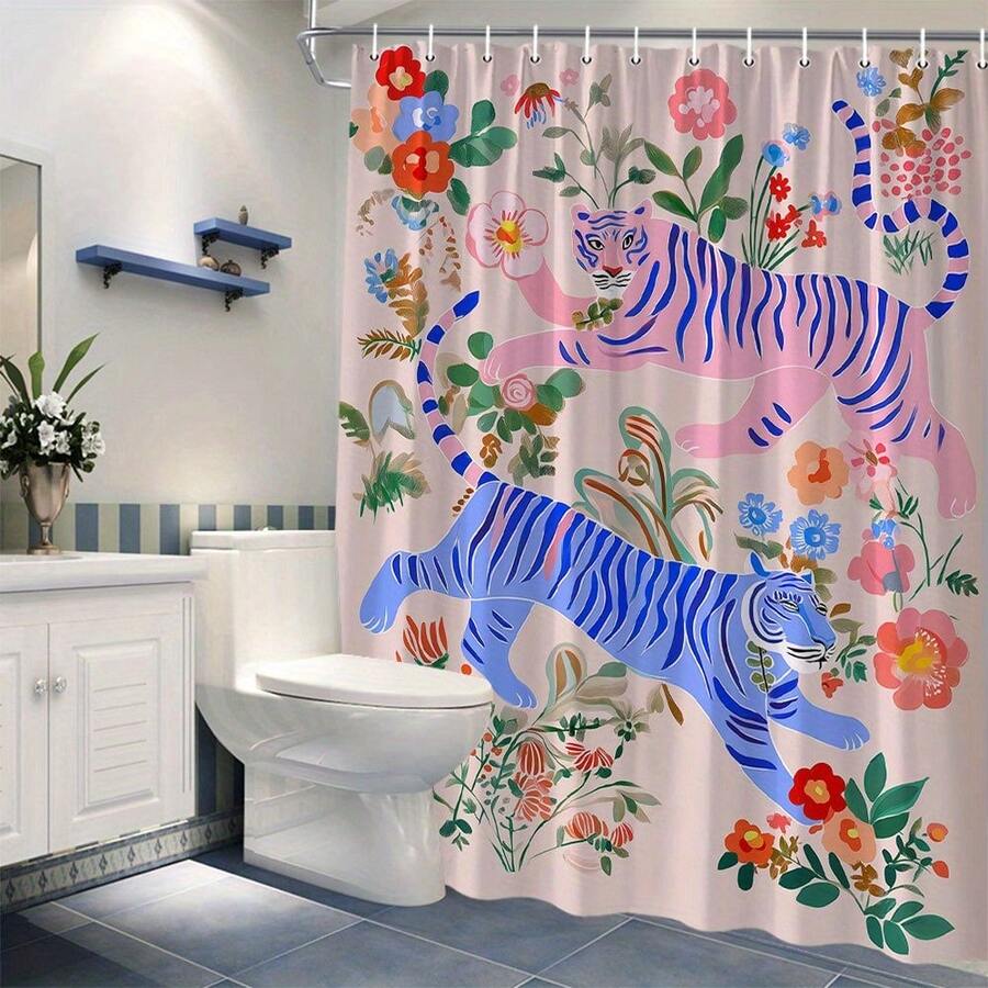1Pc Shower Curtain - Pink & Blue Tigers With Floral Patterns, Machine Washable Bathroom Decor With 12 Hooks - Soft Pink Background, Polyester Window Curtain For Modern Or Traditional Bathrooms - Perfect For Animal Print Fans & Jungle Themes, Shower Curtain Sets For Bathrooms, Vibrant Fantasy Design, Easy Maintenance Fabric, Bathroom Decoration And Accessories - 款式1 - 查看 1