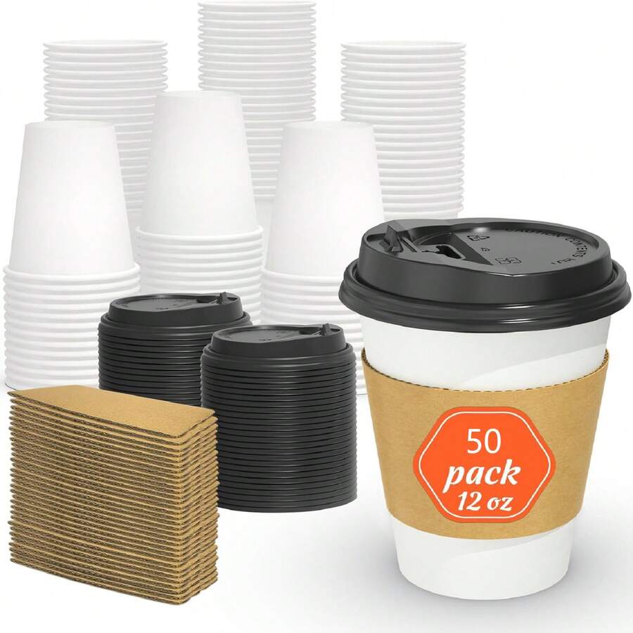 300 Pcs Disposable Paper Coffee Cups With Lids And Sleeves, 12oz 16oz Thickened Paper Cups, Heat Insulated Waterproof Leak Proof To Go Coffee Cups, Hot Cold Drink Paper Cups For Coffee Tea Office Home Picnic Party Takeaway Supplies