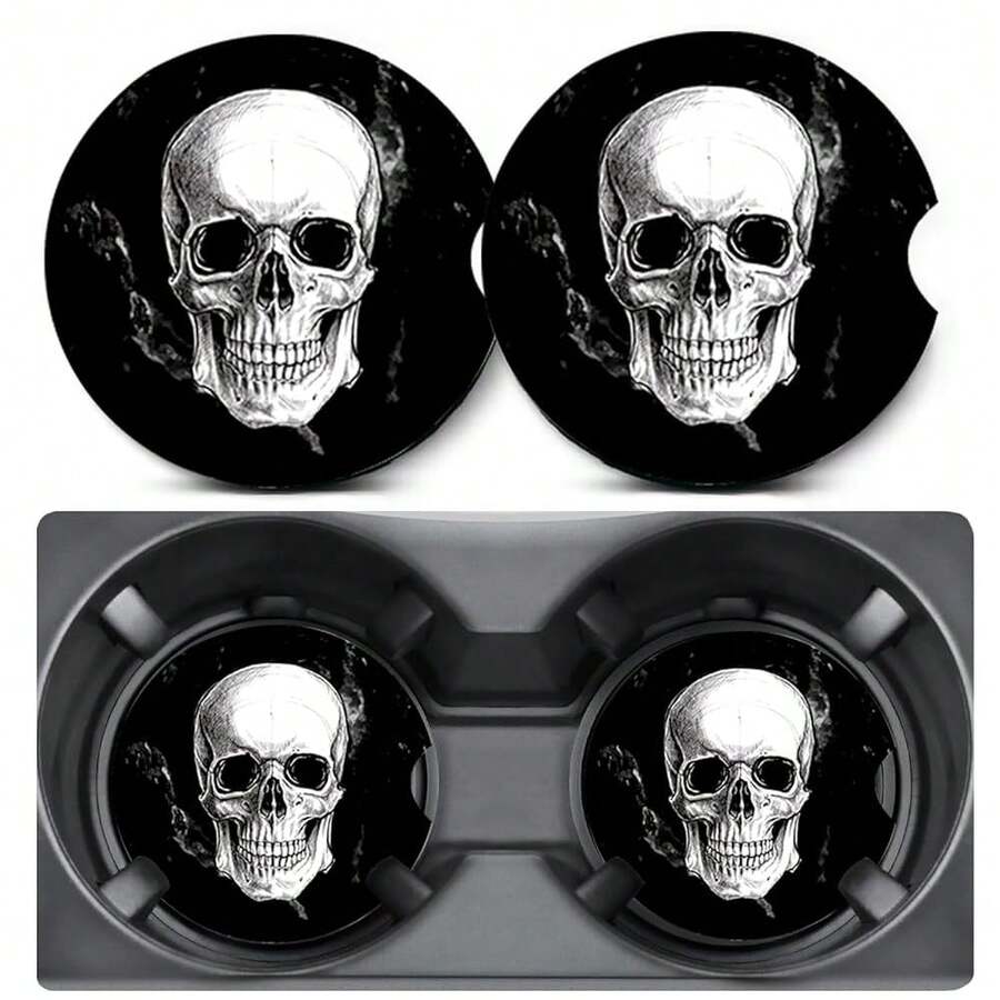 2 Pack Car Coasters For Cup Holders,Black And White Skull Head Car Cup Holder Coasters,2.75" Universal Size Anti Slip Rubber Mat,Car Interior Accessories For Women Men Mom{"Color_name":"Skull","Size_name":"2PCS"} - 顱骨 - 查看 1