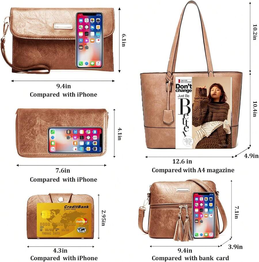 Bolso bandolera de patchwork de bloques de color, bolso de mano para mujeres, 5 piezas, diseño casual adecuado para la escuela y el trabajo. - 1-4 Rosa y Albaricoque - Ver 1