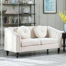 Luxurious Velvet Modern Chesterfield Settee Sofa Upholstered Rolled Arm With Rivets/2 Button Tufted Pillow, Contemporary Microfiber Fabric Couch Set For Living Room - Ghế dài màu trắng (1 chiếc) - Xem 10