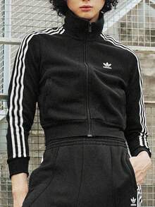 Adidas Áo khoác thể thao cổ đứng ADICOLOR có khóa kéo sọc đơn giản phong cách cổ điển dành cho nữ, màu đen Áo khoác thể thao cổ đứng ADICOLOR phong cách cổ điển - màu đen - Xem 2