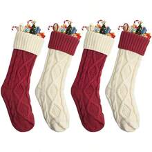 Juego de 4 Piezas de Medias de Navidad en Blanco Marfil y Borgoña, 18 Pulgadas, Extra Grandes, Tejido Retorcido, Regalos y Decoraciones para Fiestas Familiares de Navidad (4 Rojas) - 2 Blanco+2 Rojos 02 - Ver 8