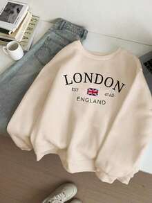Popular Hoodies For GirlsCasual Minimalist London Flag Print Pattern Loose Fit Crew Neck Long Sleeve Hoodie Sweatshirt For Women, Suitable For Fall/Winterroomy And Comfortable - 黑色 - 查看 6