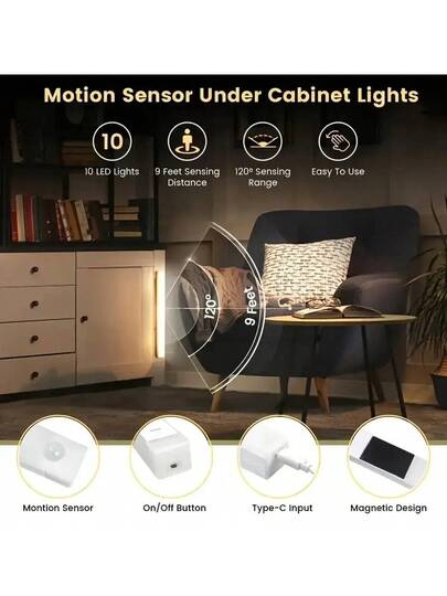 50cm/30cm/10cm Wireless Slimme Cabinet Verlichting LED, USB Rechargeable, Motion Sensor, Multi Brightness Modes, On/Off, Under Lighting Kit, Magnetic Ultra Slim, Easy Installation, Kitchen, Bedroom, Closet, Sink, Corridor, Staircase view 4