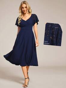 EVERPRETTY Elegant V-Neck Navy Blue Wedding Guest Dress, Bridesmaid Dress, Special Occasion Evening Dress With Lace Details, Women Winter Dress - Navy Blue - View 1