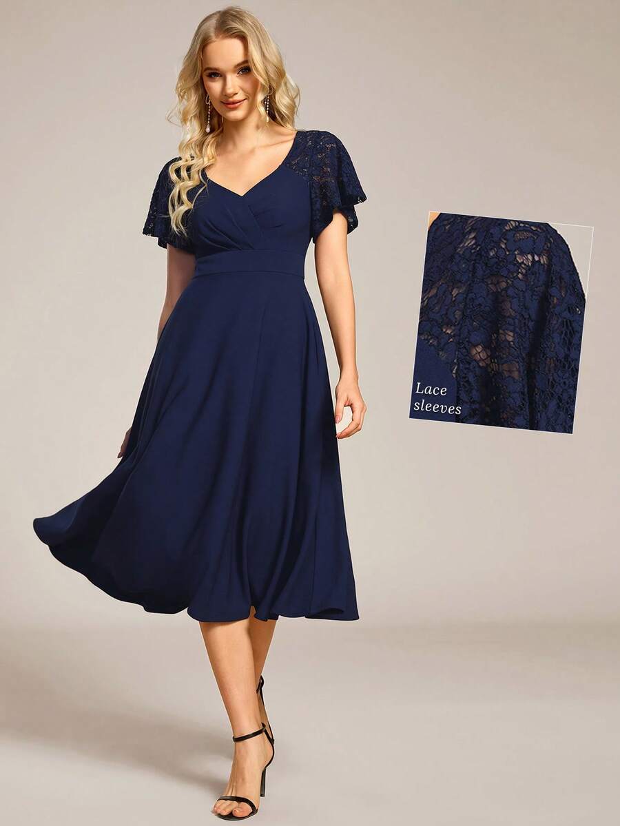 EVERPRETTY Elegant V-Neck Navy Blue Wedding Guest Dress, Bridesmaid Dress, Special Occasion Evening Dress With Lace Details, Women Winter Dress - Navy Blue - View 1