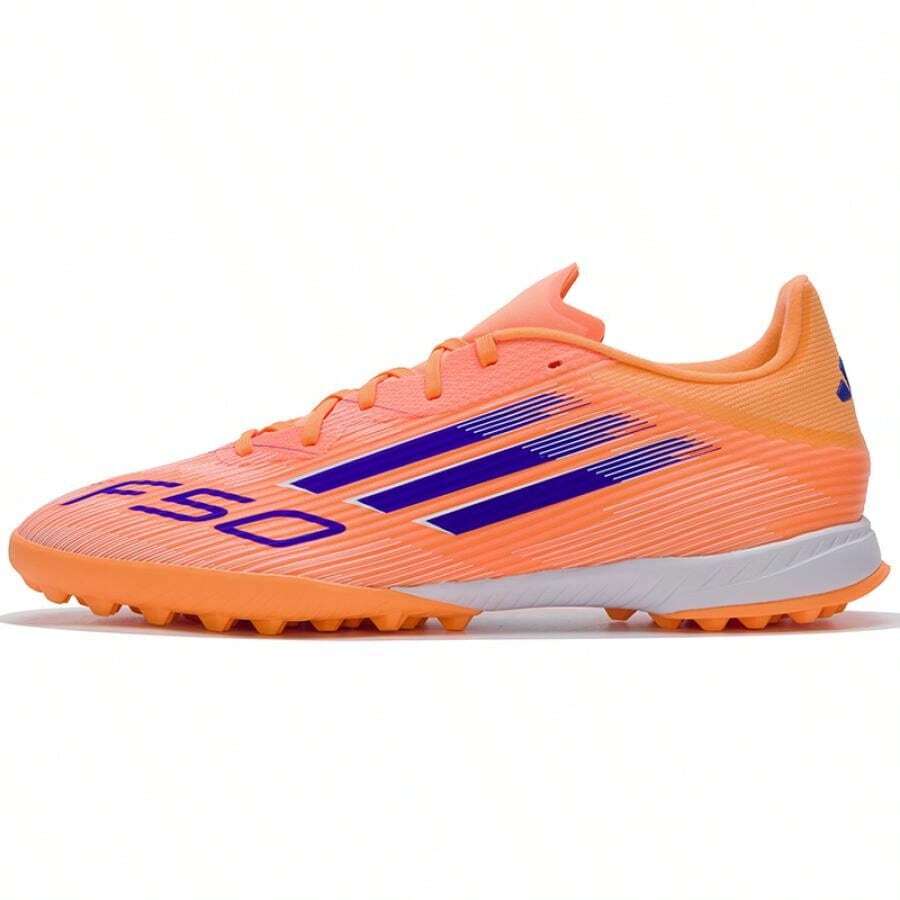 Adidas 男女款 F50 LEAGUE TF 足球鞋，常规款，纤维皮鞋面，EVA 中底，橡胶外底，橙色，JH7723 - 橙/亮藍/白 - 查看 1