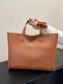 Minimalist Versatile Large Capacity Shoulder Bag, Casual Shopping Tote - Brown - View 2