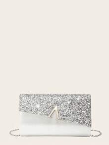 Fashionable & Elegant Sequin Patchwork Velvet Clutch Bag - Silver - View 5