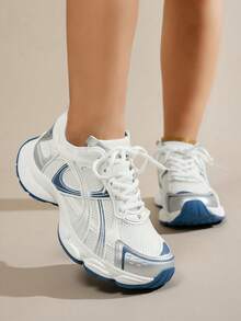 女士春秋新款休闲厚底运动鞋，网眼透气厚底坡跟休闲鞋，轻便百搭时尚系带白/灰色休闲运动鞋，适合所有季节 - 藍色 - 查看 4