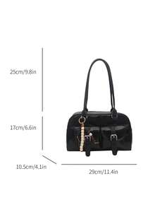 1pc Minimalist Retro Zipper Tote Bag, Decorated With Pockets, Dual Handles, Suitable For Women's Casual Daily Commute - Black - View 9