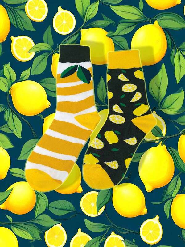 1 Coppia di calzini alla caviglia con motivo carino al limone, stile AB, comodi per uso quotidiano, sport e feste, adatti per estate, primavera e autunno, per donna e uomo