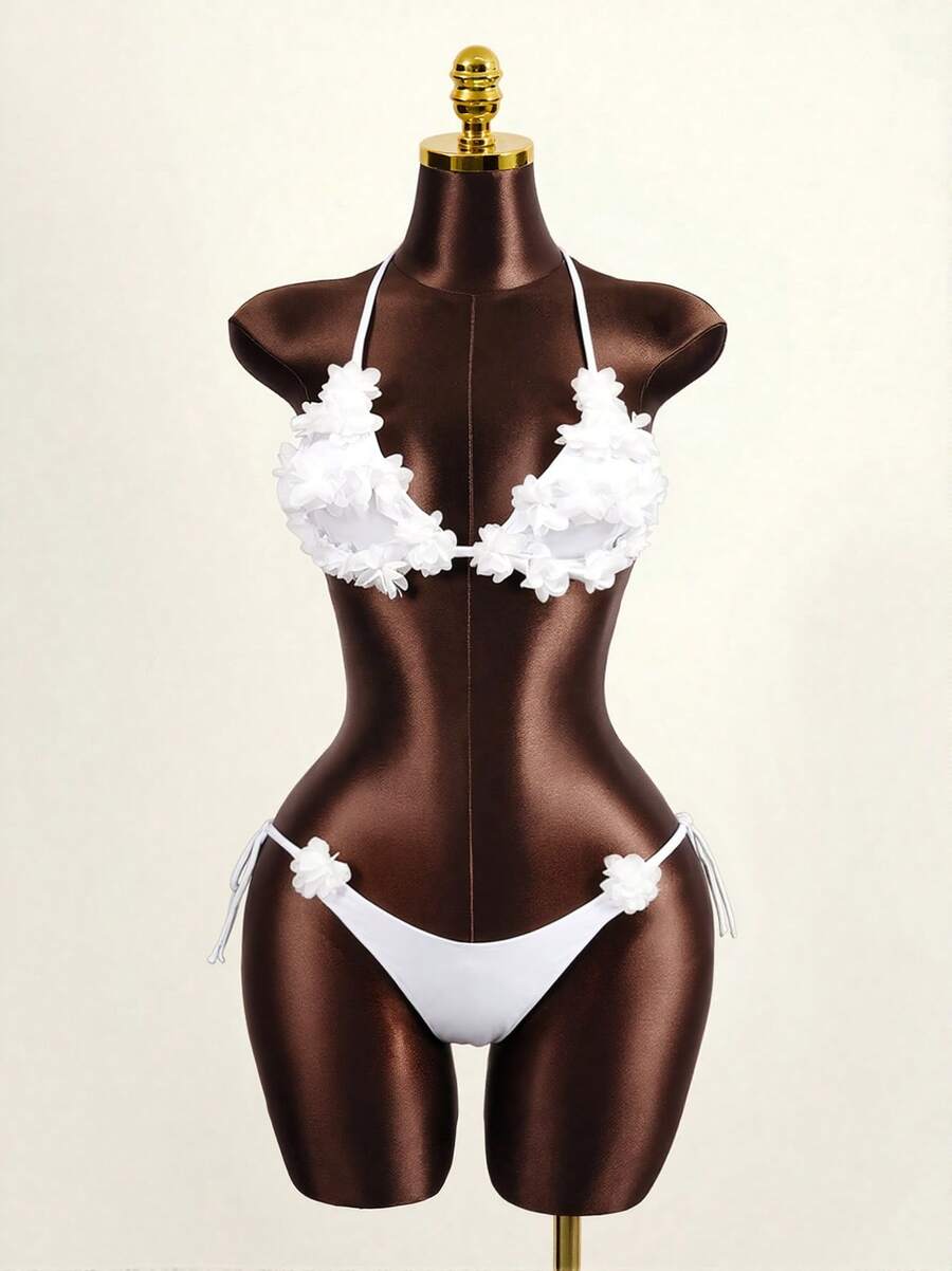 Zestiva Summer Beach Flower Appliques Halter Triangle Bra & Thong Botto2 Piecesce Bathing Suit - White - View 1