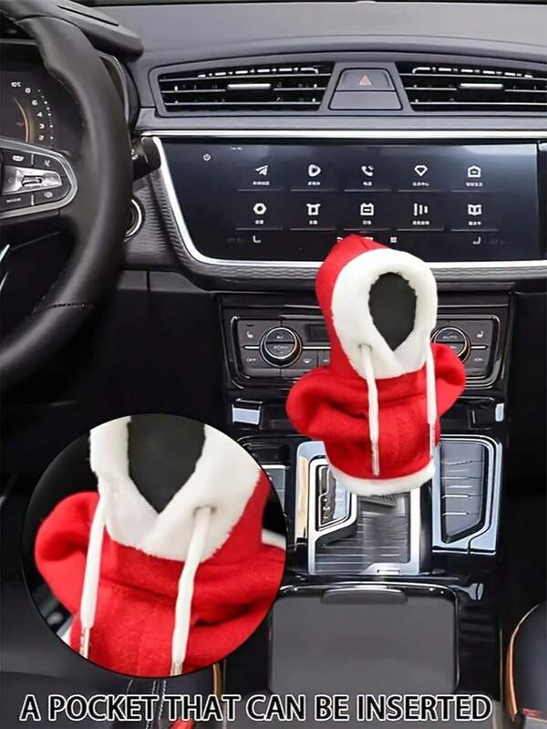 1pc Christmas Car Gear Shift Cover, Polyester Dust-Proof Sleeve With Pocket, Universal For Vehicle Interior Decoration, Christmas Car Gear Shift Knob Cover, Christmas Car Handbrake Warm Dust Cover
