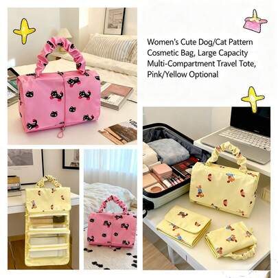 Women's Large-Capacity Multi-Compartment Cosmetic Storage Bag, Cute Dog Pattern Decorative Storage Bag, Durable Fabric Handheld Storage Bag, Daily Commute Cosmetic Organizer Bag, Short-Trip Travel Shopping Tote Bag