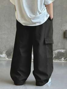 男童简约纯色休闲多口袋柔软舒适直筒工装裤，适合春、夏、秋、冬四季穿着。 - 黑色 - 查看 6