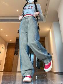 Quần jeans ống đứng cạp cao dáng rộng cho nữ, thiết kế chắp vá, dài đến mắt cá chân - Màu xanh lam - Xem 2