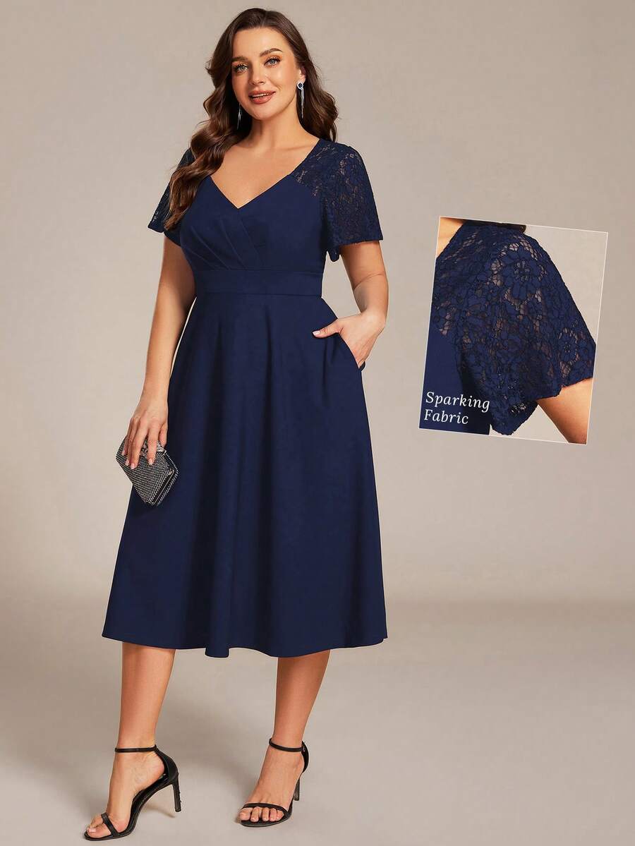 EVERPRETTY Plus Size Women Elegant Mid-Length Blue Formal Dress, V-Neck Ruffle Lace Short Sleeve, Spring Wedding Guest Cocktail Gown