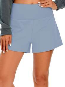 1pc Women Solid Color 2 In 1 Pocket Tight & Lift Sports Shorts, Comfortable & Versatile Nylon Shark Skin Tennis Shorts For Summer - Dusty Blue - View 5