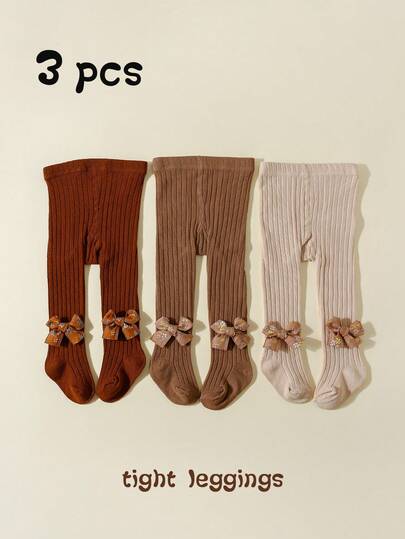 Conjunto de 3 pares de leggings femininas com laço de princesa, estilo vintage, com listras verticais lisas. Meias justas, perfeitas para looks infantis e para todas as estações.