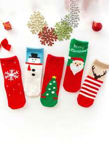 5 双儿童圣诞袜，秋冬圣诞老人红色节日新年卡通中筒袜，适合男孩和女孩