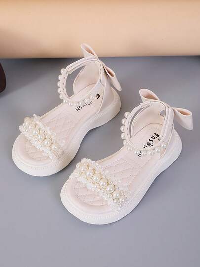 1 par flickor Spetsbåge Dekor Princess Style Platta sandaler med öppen tå, bekväma för sommarevenemang