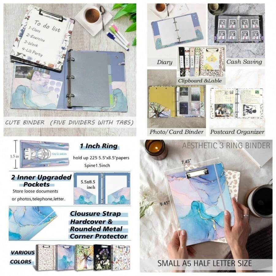 - Carpeta organizadora de 3 anillos de 2.54, con portapapeles, 5 separadores con bolsillo, carpeta plstica, 18 etiquetas para divisores y porta bolgrafo diseo Black Weeds, tamao carta - 03-Mable azul + 1 pulgada (5,5" x 8,5") - Ver 1
