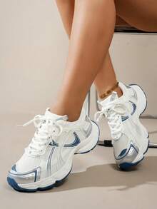 女士春秋新款休闲厚底运动鞋，网眼透气厚底坡跟休闲鞋，轻便百搭时尚系带白/灰色休闲运动鞋，适合所有季节 - 藍色 - 查看 7